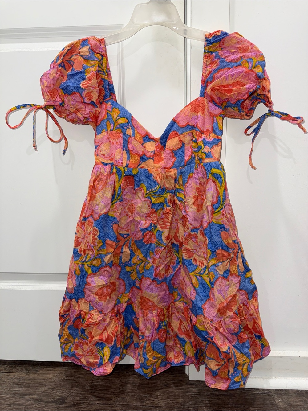 Olivaceous Pink, Blue & Orange Floral Puff-Sleeve Dress